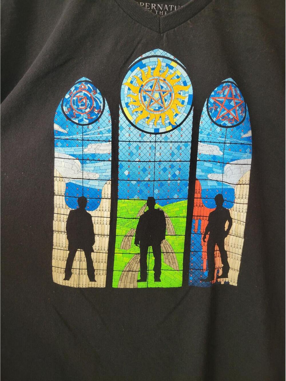 Supernatural Graphic Black T-Shirt with Stained Glass Design